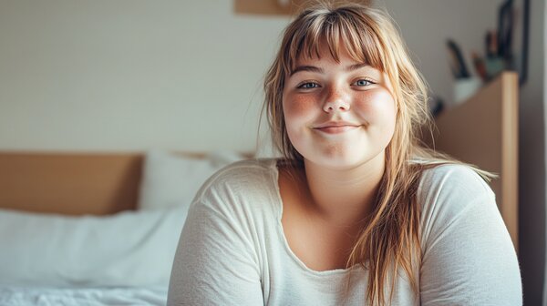 gluckliche ubergewichtige frau begann mit wegovy